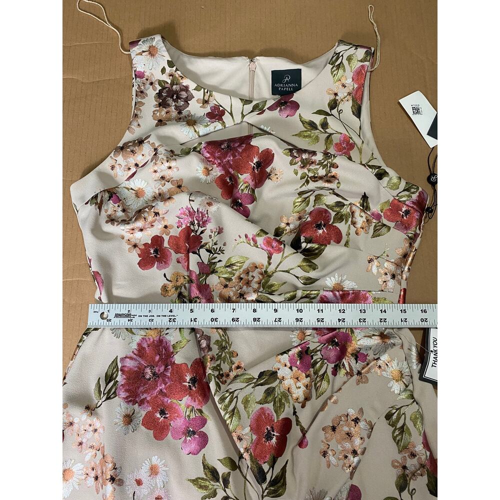 NWT ADRIANNA PAPELL DRESS 14 WEDDING GUEST RED FOIL BEIGE FLORAL COCKTAIL PARTY - Picture 13 of 14
